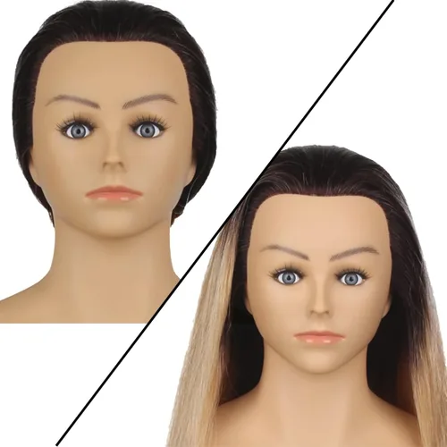 Vista 6 de Cabeza de maniquí de cabello humano con hombros y plataforma de 24 a 26 pulgadas, muñeca femenina, maniquí de entrenamiento, cabeza de maniquí