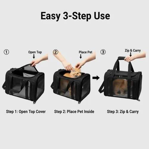 Vista 6 de Transportador para perros para mascotas, hasta 25 libras, transportador de viaje plegable para cachorros con correa para el hombro y tapete Negro