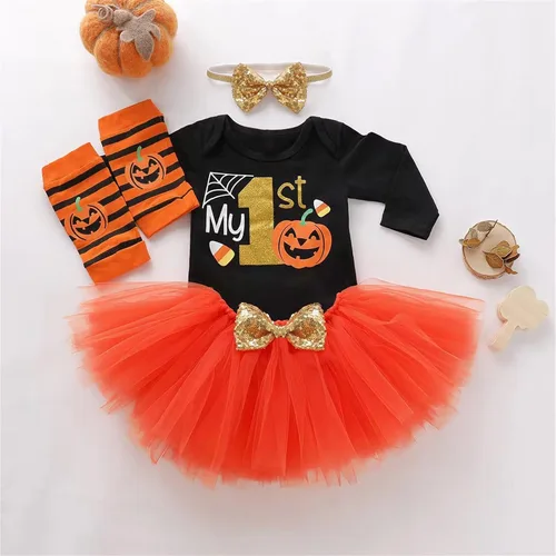 Vista 5 de Zapatos de bebé para niñas pequeñas, manga corta, estampado de calabaza, falda con diadema, traje para niñas de 0 a 24 años de verano