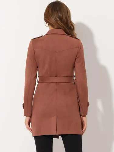 Vista 4 de Allegra K Gabardina de gamuza sintética para mujer, solapa con muesca, doble botonadura con cinturón