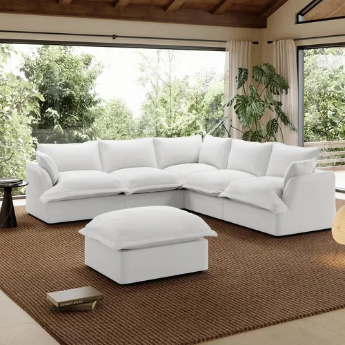 Vista 29 de Sofá modular de mezcla de lino para sala de estar, cómodo sofá modular con relleno de plumón, moderno sofá cama convertible con asiento profundo