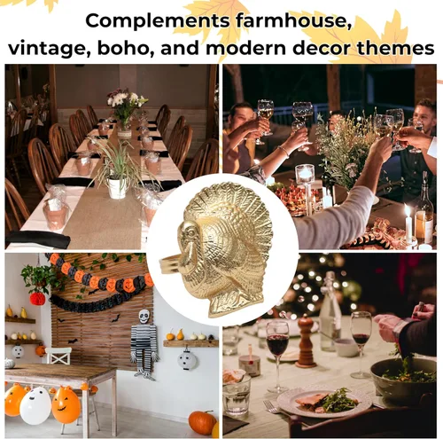 Vista 5 de Juego de 12 servilleteros dorados de pavo y pájaro para cenas, bodas, recepciones, reuniones familiares o uso diario. Establece tu