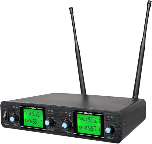 Vista 2 de Sistema de micrófono inalámbrico Lavalier Mic de 4 canales 4 auriculares 4 micrófono de solapa 4 mamelucos micrófonos dinámicos UHF