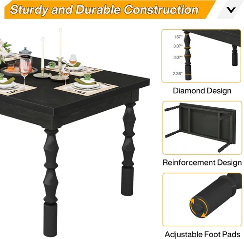 Vista 7 de Tribesigns Mesa de comedor de madera de 62 pulgadas para 4 a 6 personas, mesa de cocina rectangular grande de granja, mesa de comedor moderna, Negro