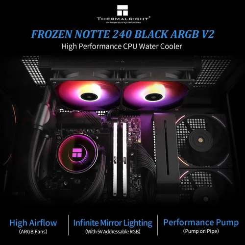 Vista 2 de Thermalright Frozen Notte 240 Black ARGB V2 Enfriador de CPU por Refrigeración Líquida, Especificaciones del Enfriador de CPU 240Black, Ventiladores