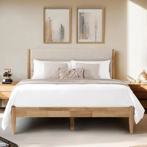 Vista 16 de KISLOT Marco de cama de madera con cabecera tapizada, marrón, tamaño Queen