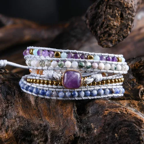 Vista 2 de YGLINE Pulsera de 5 envolturas de cera curativa con cuentas de piedra natural, Piedra