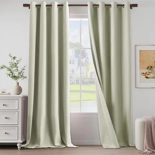 Vista 22 de Cortinas texturizadas de lino 100% opacas de 64 pulgadas de largo, juego de 2 paneles para granja, casa de campo, cortinas ligeras con ojales