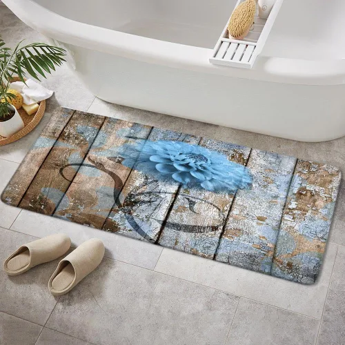Vista 49 de JAWO Alfombra de baño con flores de granja, dalia en tablones de madera rústica, juego de tapetes de baño con flores azules, en forma de U
