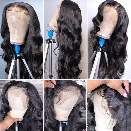 Vista 4 de Pelucas de cabello humano sin pegamento, prearrancadas de 13 x 4, pelucas de encaje frontal para mujeres negras, cabello humano con abuelitos, línea