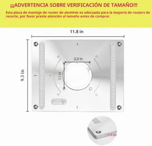 Vista 2 de Placa de inserción de mesa de enrutador Placa de aluminio para enrutador de carpintería Placa de montaje de mesa con 2 anillos de 11.811 x 9.252 x