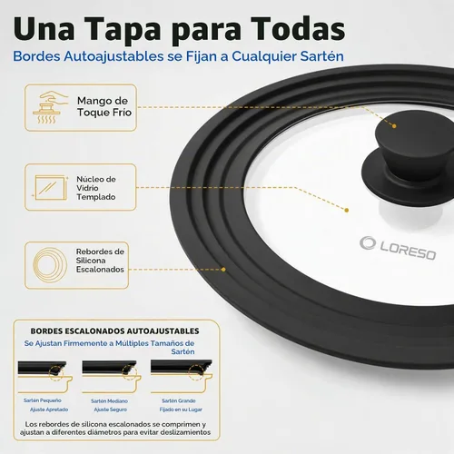 Vista 4 de Tapa universal para ollas y sartenes de 7.5 a 11.5 pulgadas, juego de tapas de vidrio templado con borde de silicona de tamaño automático, 2 Negro