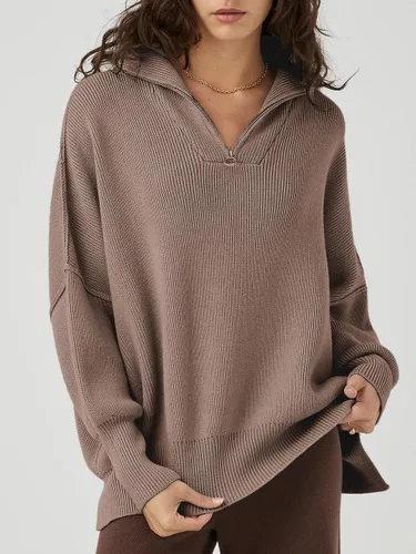 Vista 2 de LOGENE Sudadera de manga larga con cremallera de 1/4 para mujer, suéteres de punto de gran tamaño con abertura lateral, Marrón