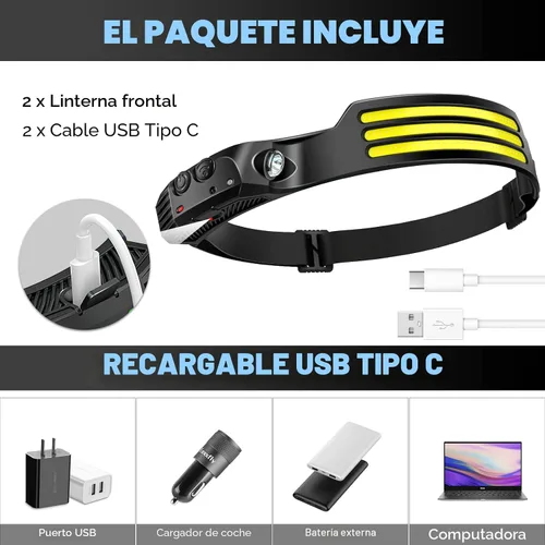 Vista 4 de DAWINSIE Linterna frontal LED recargable (2 unidades), lámpara de cabeza de haz ancho de 230° con sensor de movimiento, linterna impermeable