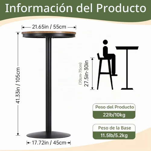 Vista 2 de Mesa de bar redonda de 42 pulgadas de altura con parte superior de madera maciza y base de metal resistente, mesa de pub industrial rústica