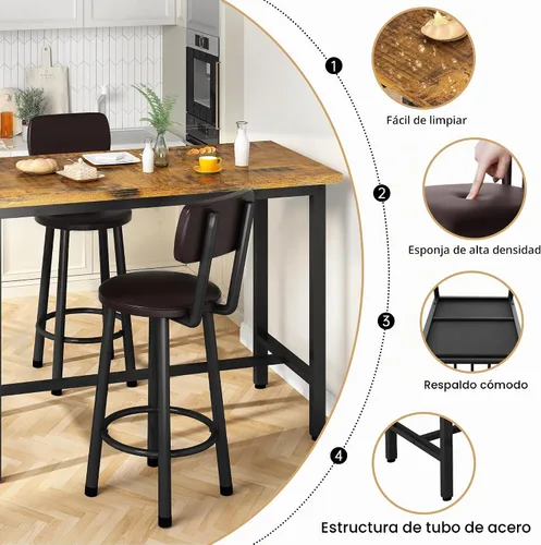 Vista 7 de Juego de mesa de bar y sillas de 3 piezas para 2, juego de comedor rectangular de altura de mostrador, mesa de bar y taburetes para 2, juego