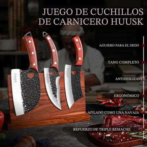 Vista 6 de Huusk Juego de Cuchillos de Carnicero Cuchillo de Chef Serbio Forjado a Mano Cuchillo de Deshuesado Viking Cuchillo de Corte 3 Piezas Juego