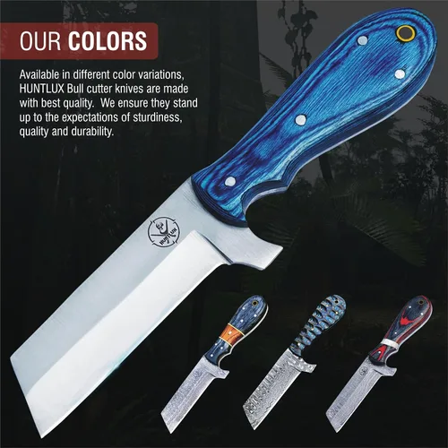 Vista 6 de Cuchillo cortador de toros de acero inoxidable de 8 pulgadas con funda para cinturón, cuchillo vaquero de espiga completa con mango de madera, hoja