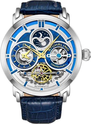 Vista 10 de Stuhrling Original Legacy – Reloj automático para hombre, de acero inoxidable, con correa de cuero genuino negro, caja de 46 MM
