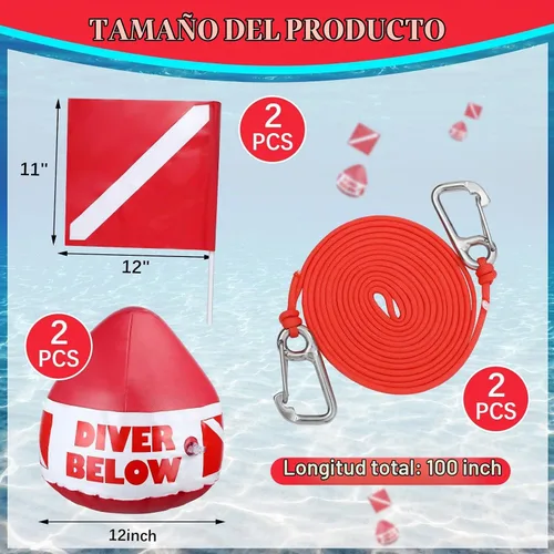 Vista 2 de Maitys Juego de cuerda de buceo de PVC resistente con bandera de buceo, flotador de señal inflable con bandera de buceo, correa de cordón