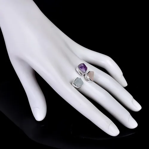 Vista 4 de Anillos de plata de ley 925 para mujer, aguamarina cruda natural, amatista, rosa, Qauartz, piedras preciosas ajustables, hechos a mano, Metal Gema