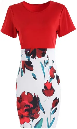 Vista 4 de NREALY Vestido de mujer FashionSexy O-cuello manga corta empalme flor impresión vestido de nalga