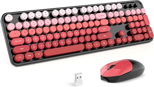 Vista 17 de MOFII Combo de teclado y mouse inalámbricos, teclado retro con teclas redondas de colores, conexión USB Plug Play de 2.4 GHz para PC, laptop