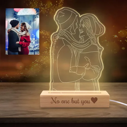 Vista 9 de Luz nocturna personalizada con ilusión 3D con base de madera, lámpara de corazón personalizada con texto de imagen, luz nocturna LED acrílica