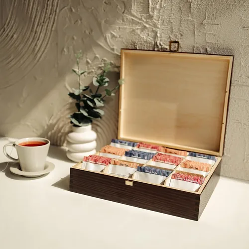 Vista 5 de Creative Deco Caja de té de madera marrón con tapa 12 compartimentos 11.4 x 9.8 x 3.0 in Madera natural Organizador de lujo