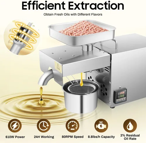 Vista 2 de Máquina de prensa de aceite de cocina, extractor de prensa de aceite automático eléctrico de 610 W, aceite orgánico frío/caliente