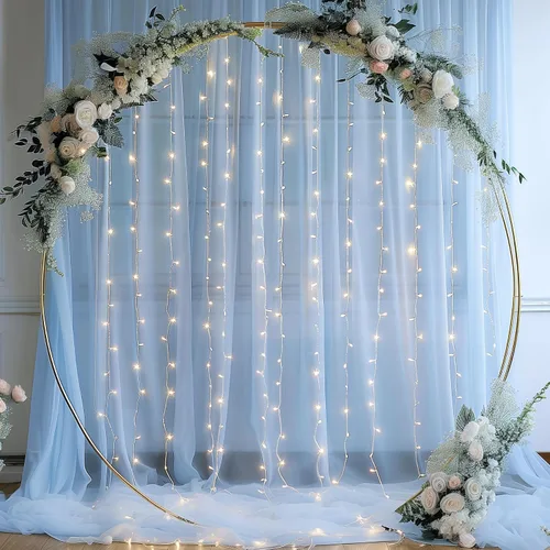 Vista 8 de Cortina de telón de fondo de tul azul bebé de 10 x 8 pies con cadena de luces para fiestas, cortinas de fondo transparentes para bodas, baby shower