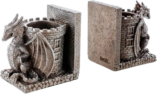 Vista 9 de Sujetalibros de dragón, gótico de resina negra con diseño de dragón, sujetalibros con diseño de dragones de fantasía decorativos y torre de piedra