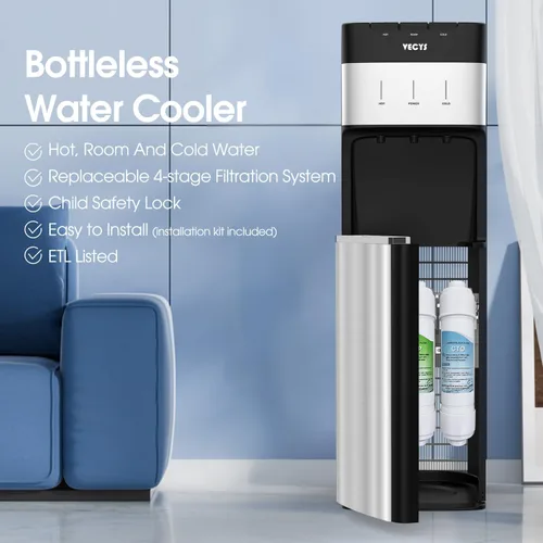 Vista 2 de VECYS Enfriador de agua sin botella con filtración de 4 etapas, opciones de agua caliente, fría y habitación, sistema de autolimpieza para el hogar