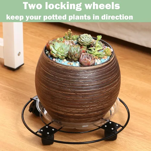 Vista 5 de Paquete de 3 cajas grandes de metal para plantas de 13 pulgadas con ruedas, soporte rodante de hierro forjado resistente con ruedas para macetas