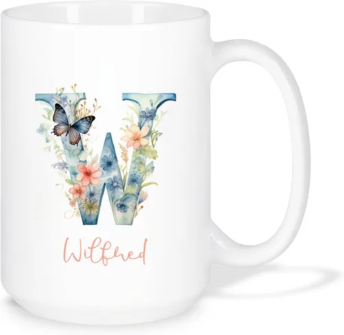 Vista 28 de Taza de café personalizada de la letra A del alfabeto, Taza de café blanca con nombre personalizado único, Taza inicial de monograma floral