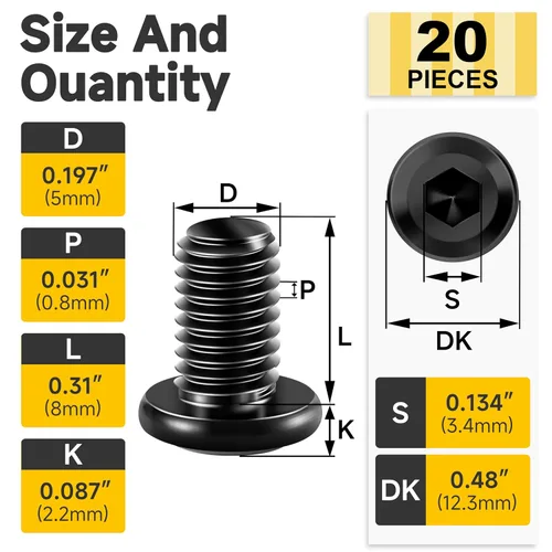 Vista 2 de Mywish M5 x 8mm 20 piezas de tornillos de cabeza plana con rosca hexagonal, pernos de acero inoxidable 304 para muebles con rosca completa, óxido
