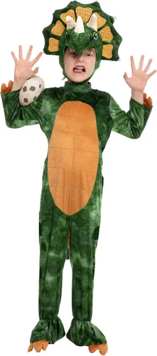 Vista 3 de Spooktacular Creations Disfraz de triceratops verde para niños, overol de dinosaurio realista con huevo para niños, fiesta de disfraces de Halloween
