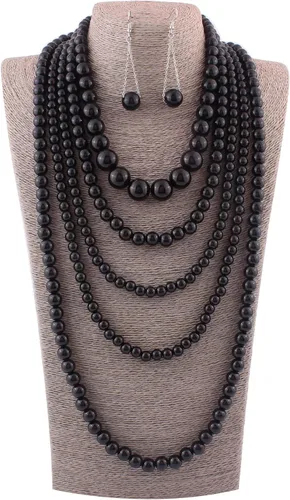 Vista 2 de Conjunto de collar y aretes de perlas sintéticas multicapa a la moda para mujer