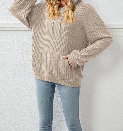 Vista 4 de ONDIAN Women Long Sleeve Strip Knitted Hoodie Top Casual Solid Pullover with Drawstring Hooded Striped Sweater Loose Fit