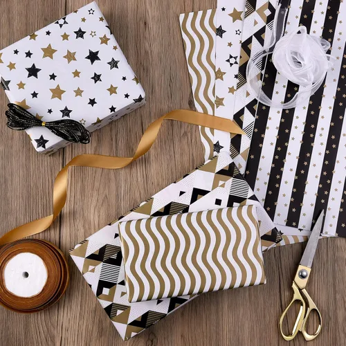 Vista 2 de Papel de regalo plegado negro, blanco y dorado, diseño mate, estrellas, rayas, ondulaciones, cuadros para cumpleaños, Navidad, graduaciones, bodas