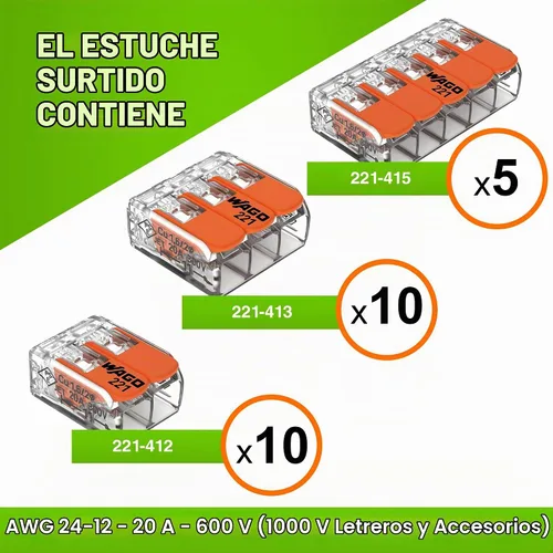 Vista 2 de Conectores de empalme compactos de la serie WAGO 221 de 25 piezas Incluye (10x 221-412) (10x 221-413) (5x 221-415) Conectores de cable WAGO