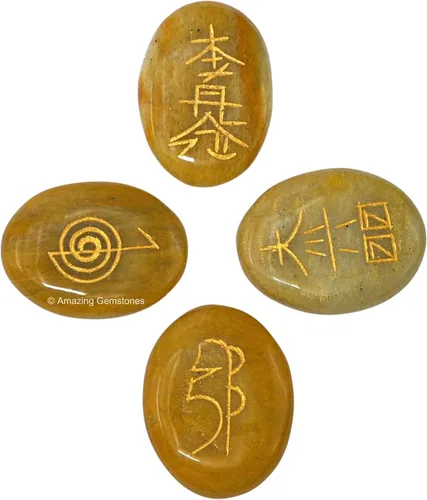 Vista 17 de Amazing Gemstone Piedras de Reiki de cristal de amatista con símbolos grabados para curación Usui Reiki, juego de 4 piezas