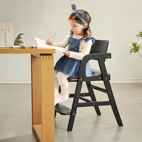 Vista 2 de Silla de comedor de madera para niños pequeños con asiento Negro