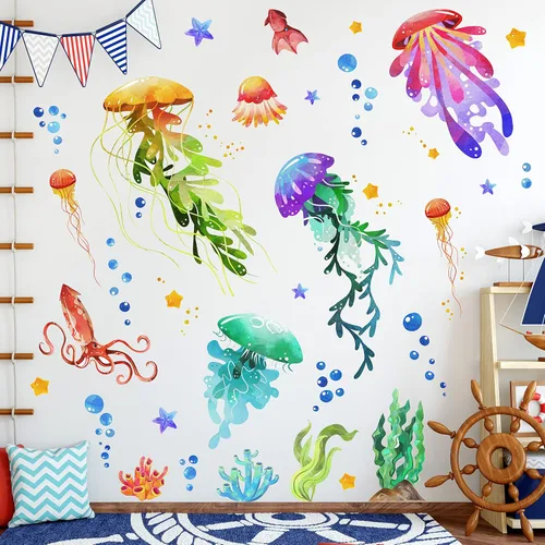 Vista 5 de Calcomanías de pared creativas 3D extraíbles bajo el mar, coloridas medusas y algas marinas, calcomanías de pared subacuáticas con vista al océano