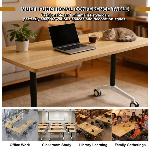 Vista 9 de Mesa de conferencias con tapa abatible, mesa modular plegable para sala de conferencias con ruedas, mesa de sala de reuniones con ruedas, mesa Hoja