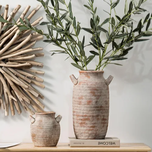 Vista 8 de Florero Grande para Decoración del Hogar - Jarrones de Mesa Rústicos de Cerámica Estilo Granja de 12 Pulgadas de Alto con Asa, Decoración de Sala