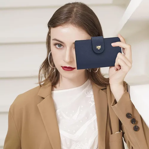 Vista 7 de FOXLOVER Carteras plegables para mujer con bloqueo RFID para regalo con cremallera para mujer Azul Moda