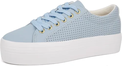 Vista 13 de JABASIC Zapatillas de plataforma con cordones para mujer, zapatillas casuales cómodas de moda para caminar Todo blanco