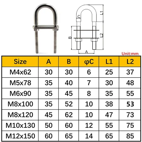 Vista 5 de Perno en U M5x78 de acero inoxidable 304 de amarre en U (paquete de 6)