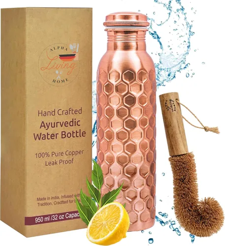 Vista 10 de Alpha Living Home Pure Copper Water Bottle Set of 3 - Handcrafted Drinking Bottles with Hammered, Diamond & Honeycomb Design - Leak Proof Wide Mouth
